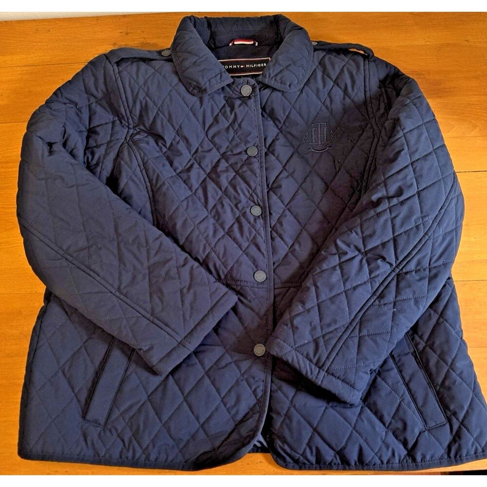 Tommy Hilfiger Quilted Jacket Women's XL Navy Blue Snap Front, Preppy
